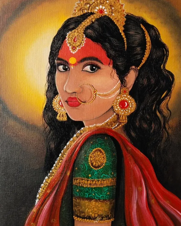 Jai Maa Durga. Here is the finished acrylic painting, capturing her divine feminine energy. I spent hours on the details of her crown and the serene yet powerful look in her eyes.