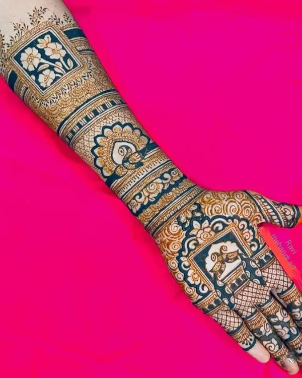 This is a striking and modern take on a traditional design. The use of negative space makes the floral and peacock motifs stand out against the dark background, creating a very bold and fashionable look.