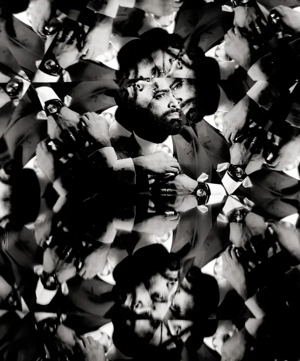 An abstract, artistic portrait of the groom created using a kaleidoscope. This technique transforms a simple portrait into a unique piece of art, showing a different side of wedding photography.
