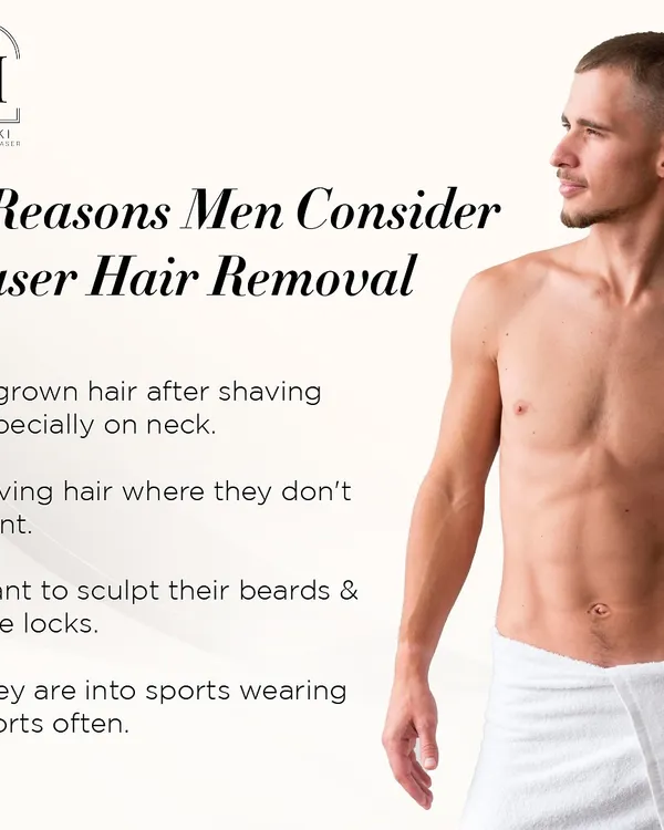 This graphic outlines the top reasons men choose laser hair removal. From preventing ingrown hairs on the neck to sculpting beards and sideburns, it's a practical solution for modern grooming.