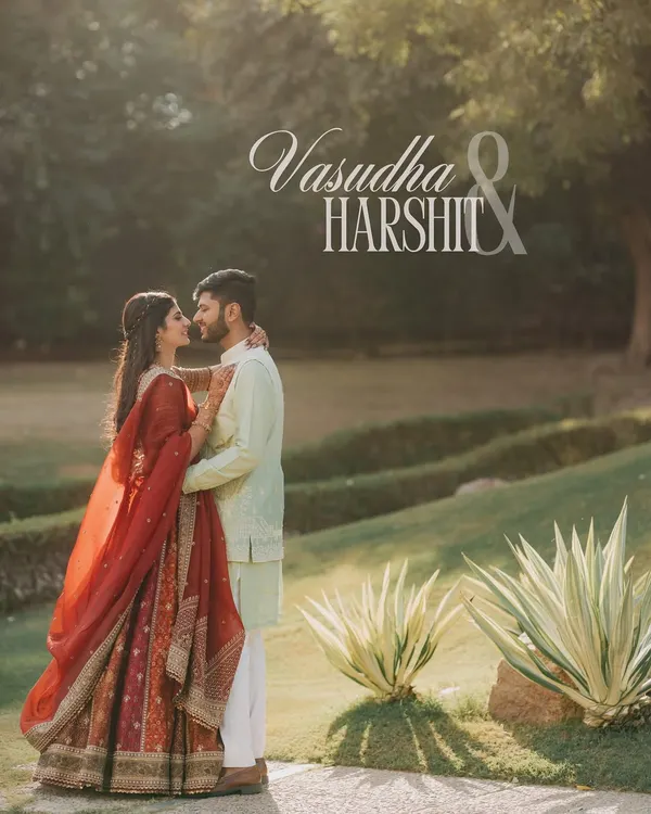 A classic, romantic portrait set in a lush garden. The way they look at each other, framed by nature, creates a timeless image that is both elegant and full of emotion.