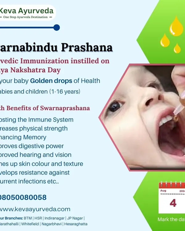 A close-up view of a child receiving the Swarnabindu Prashana drops. This process is gentle and administered by our experts on a specific day each month, known as Pushya Nakshatra, to maximize its positive effects.