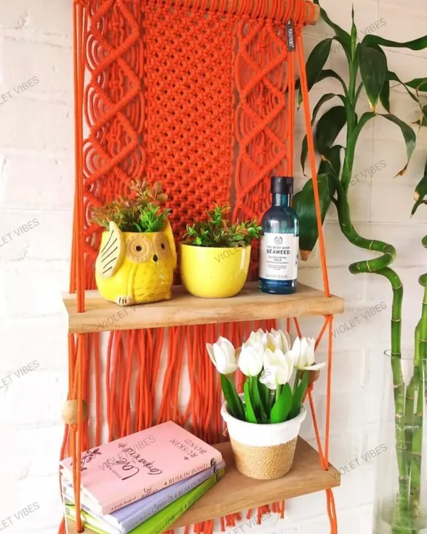 This two-tiered hanging shelf in a vibrant orange is perfect for displaying multiple small plants and decor items. It adds both functionality and a pop of color to this bright corner.