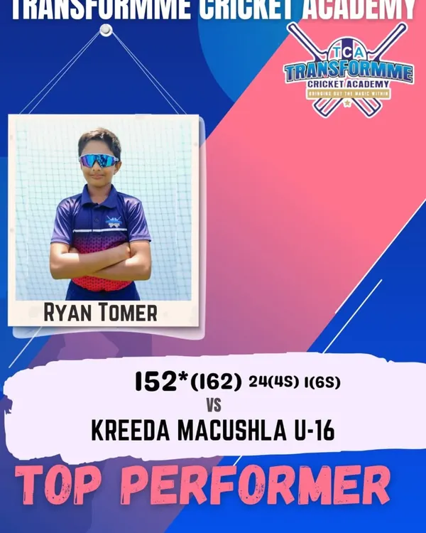 A fantastic performance from Ryan Tomer, who scored an unbeaten 152 in a U-16 test match. His innings showed great temperament and skill, proving his ability to build a long and impactful innings.
