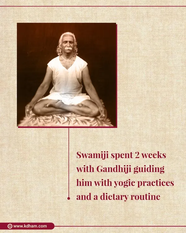 A portrait of our revered founder, Swami Kuvalayananda. In 1927, he spent two weeks with Mahatma Gandhi, guiding him personally with yogic practices and a dietary routine to support his health.