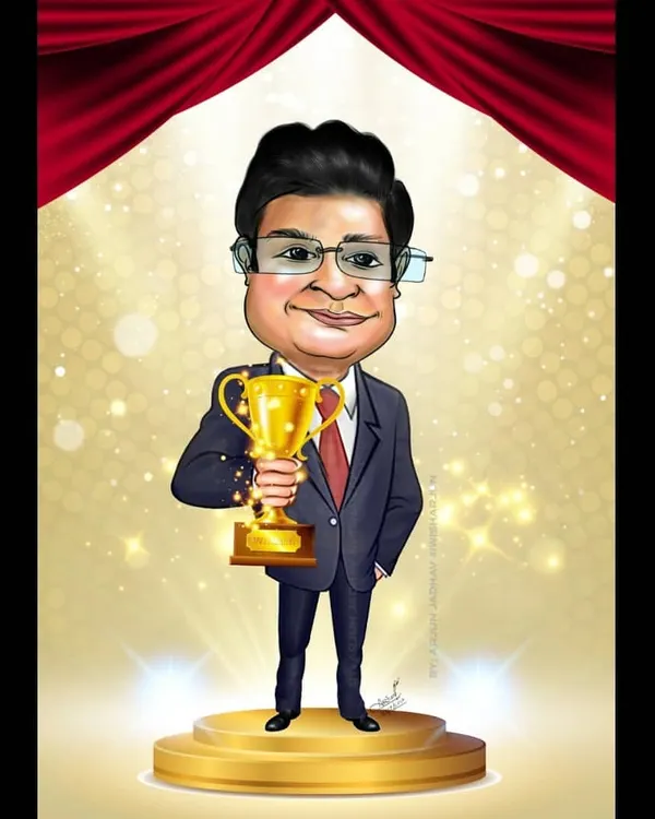 A personalized award caricature for a corporate champion. This digital artwork features a full-body drawing on a stage with a trophy, making it a truly special recognition for an employee.