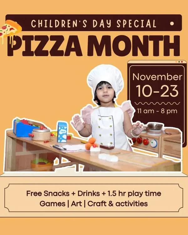 Here's an example of one of our special events: the Children's Day Pizza Month. This poster details the all-inclusive package we offered, including free snacks, extra playtime, and activities.