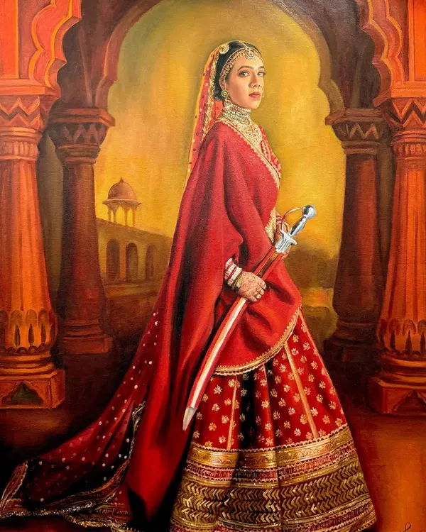 This is one of my favorite pieces, a 30x40 inch oil on canvas that brings a client's regal vision to life. I focused on capturing the intricate gold embroidery of the traditional red lehenga and the powerful yet graceful expression of the subject. Creating such detailed custom portraits is a passion of mine.