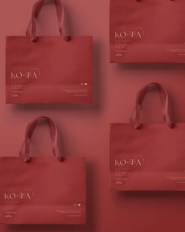 The final premium carry bags for KO.KA, featuring their new logo and brand typography. The deep red and elegant ribbon handles were chosen to create a luxurious unboxing experience for their customers.
