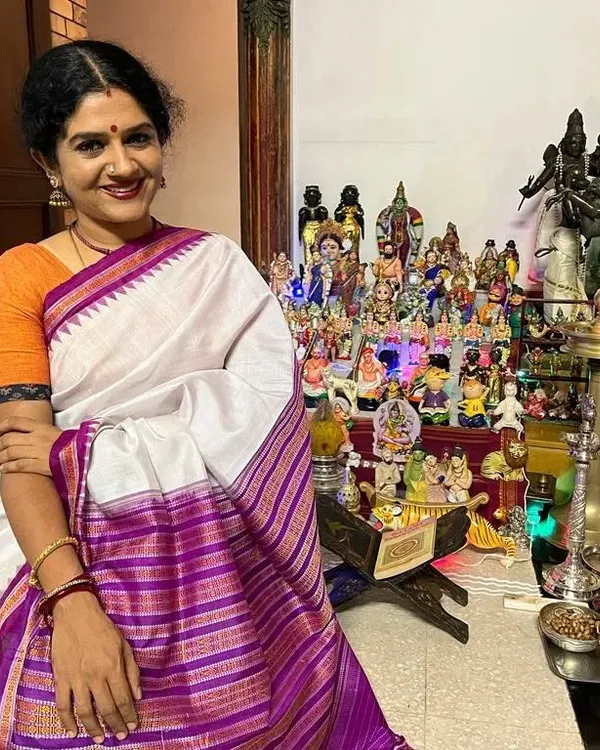 Celebrating the first day of Navaratri at home. This festival is a time of spiritual significance for me, and I am surrounded by the traditional Golu doll display, a cherished family custom.