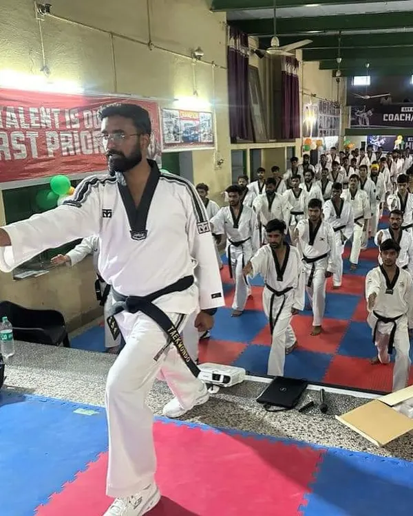 Leading a formation drill during a National Kyorugi Referee Course in Rajasthan. Precise movement and discipline are fundamental, and I ensure these values are passed on to all participants.