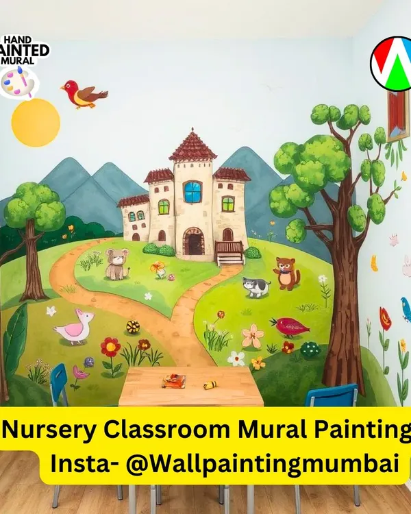 A fairytale castle and friendly animals create a magical world in this nursery classroom mural. The soft colors and gentle theme are designed to make the room feel welcoming and spark the imagination of young children.