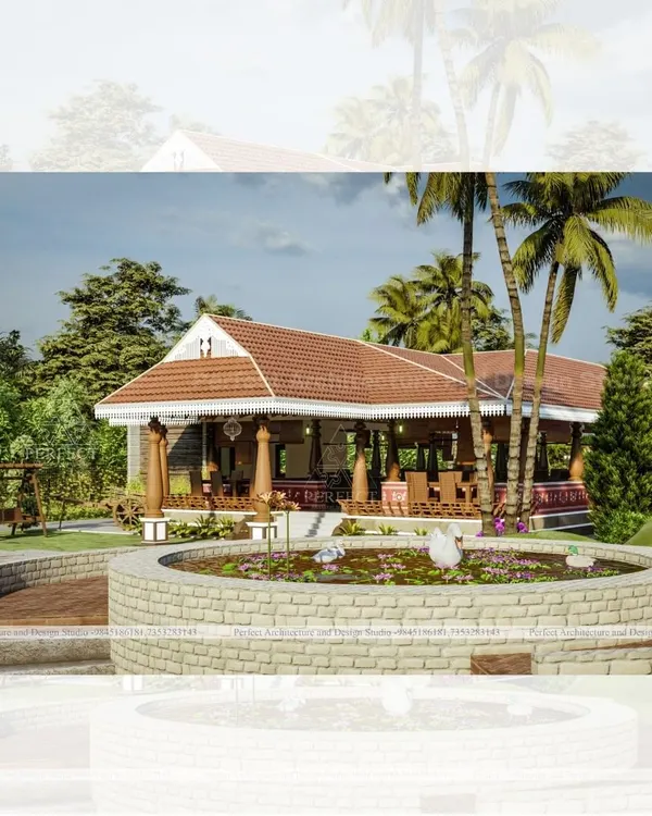 A detailed 3D visualization of a South Indian traditional style home we designed. This concept features a classic sloping terracotta tile roof, an expansive open-air veranda for family gatherings, and is set within a tranquil landscape with a circular stone water feature.