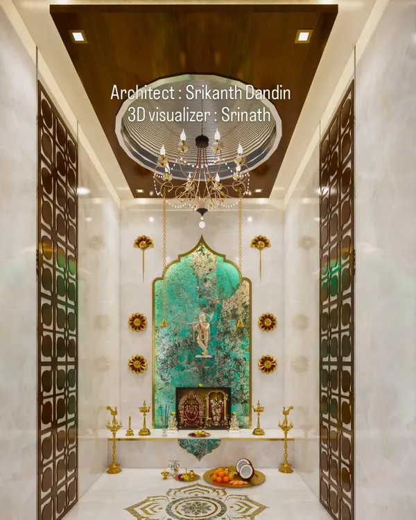 A luxurious and modern pooja room design featuring a stunning turquoise agate-style backdrop, ornate brass lamps, and intricate jaali doors for a divine ambiance.