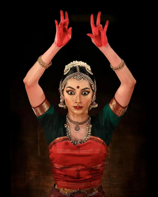A powerful depiction of the goddess with hands stained red, symbolizing her fierce form. This was for a Navaratri announcement, a time of year I love to dedicate to performing pieces about the divine feminine.