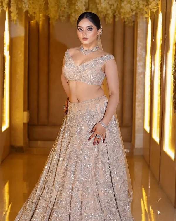 This is a perfect example of a modern reception look. The heavily embellished silver lehenga is balanced with soft, smokey eyes, a nude lip, and a sleek hairstyle, creating a look that is both glamorous and elegant.