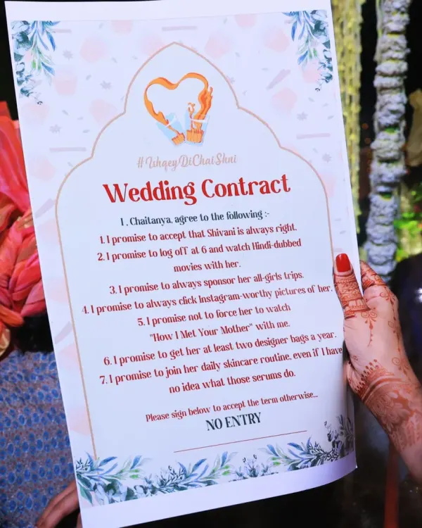 This fun and quirky "Wedding Contract" was a huge hit, perfectly capturing the couple's playful dynamic and adding a unique, personal touch to their celebration.