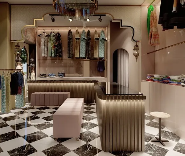 A detailed 3D render for a high-end ladies' wear boutique. This visualization showcases the Moroccan-inspired design, with checkered flooring, fluted counters, and elegant clothing displays.