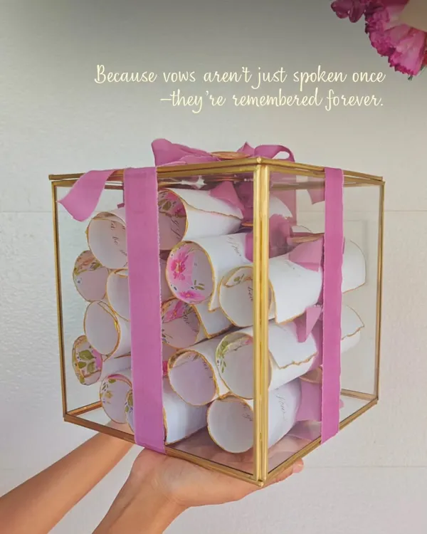 Vows are not just spoken once, they are promises remembered forever. I handwrite your most precious words, turning them into a beautiful keepsake collection, elegantly presented in a glass box to be treasured for a lifetime.