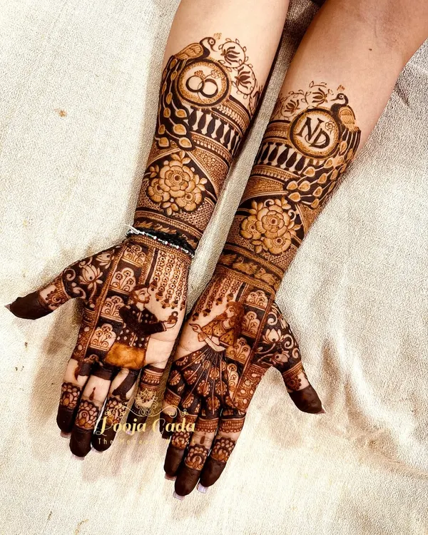 A stunning engagement design telling a story. This piece features figures of a couple, with the groom offering a rose to his bride-to-be, alongside their initials "ND" and engagement rings.