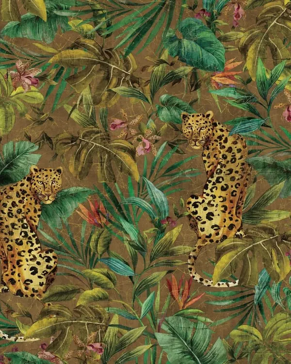 A swatch from the Daisy Bennett collection, this design features leopards resting amidst a lush, tropical jungle. The rich colors and detailed illustration create an atmosphere of untamed beauty and sophisticated charm.