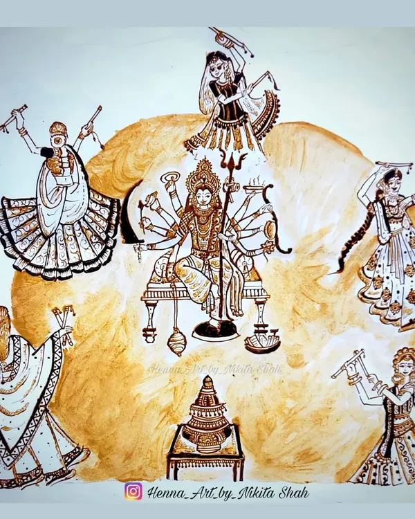 Aavi nav navratri re! My complete Navratri-themed henna painting, celebrating the goddess Ambe Maa surrounded by garba and dandiya dancers.