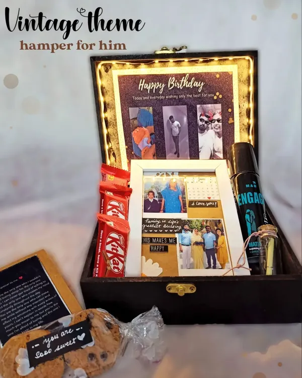 This vintage-themed light-up hamper is one of my absolute favorites to create. I pack it with personalized photos, treats, and other goodies to make his birthday unforgettable.