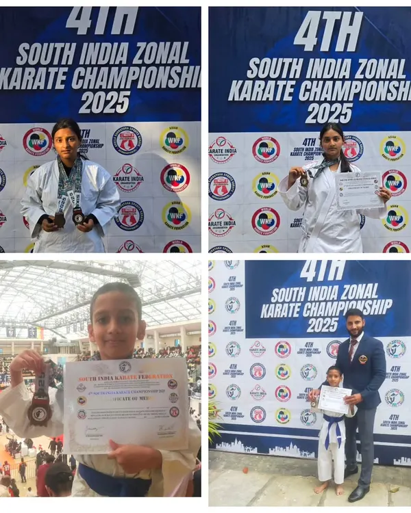 Our students proudly displaying their gold medals and certificates from the 4th South India Zonal Karate Championship. Moments like these are a testament to their incredible hard work and the high standard of our competitive karate training.
