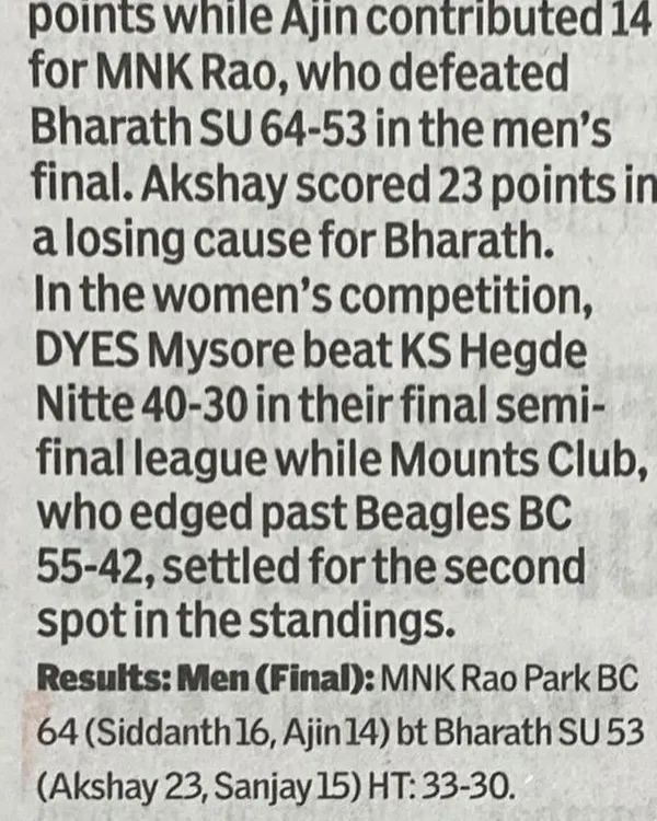A newspaper clipping from the KBG Cup 2024 final, where I scored 23 points for my team, Bharath SU.