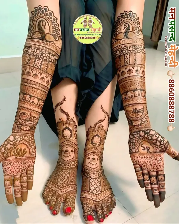 A stunning full bridal set covering arms and feet with matching peacock and traditional motifs. The consistent design language creates a truly grand and cohesive look for the bride.