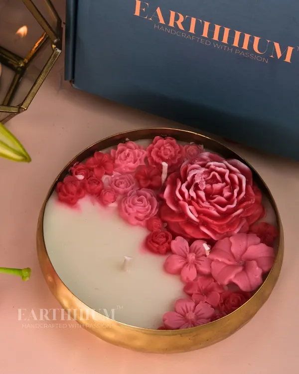 A close-up of my floral Urli candle, showcasing the intricate details of each hand-sculpted flower. This multi-wick candle is perfect as a centerpiece for a dining table or coffee table.