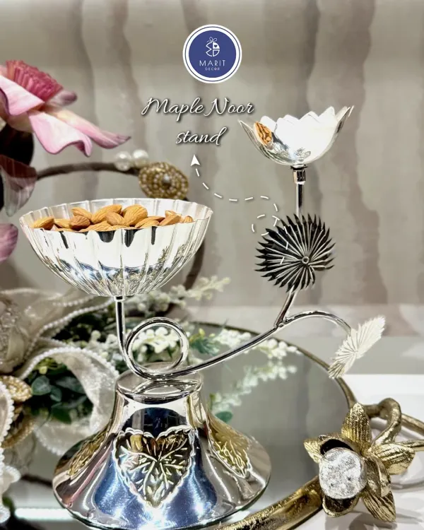 Gift elegance with my Maple Noor stand. This premium silver-coated dry fruit holder is a stunning blend of tradition and luxury, perfect for making festive celebrations unforgettable.
