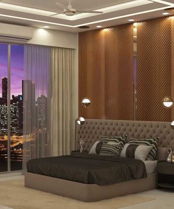A 3D render of a luxurious master bedroom with a stunning city view at dusk. This visualization helps clients see how materials like the tufted headboard and wood paneling will look with ambient lighting.