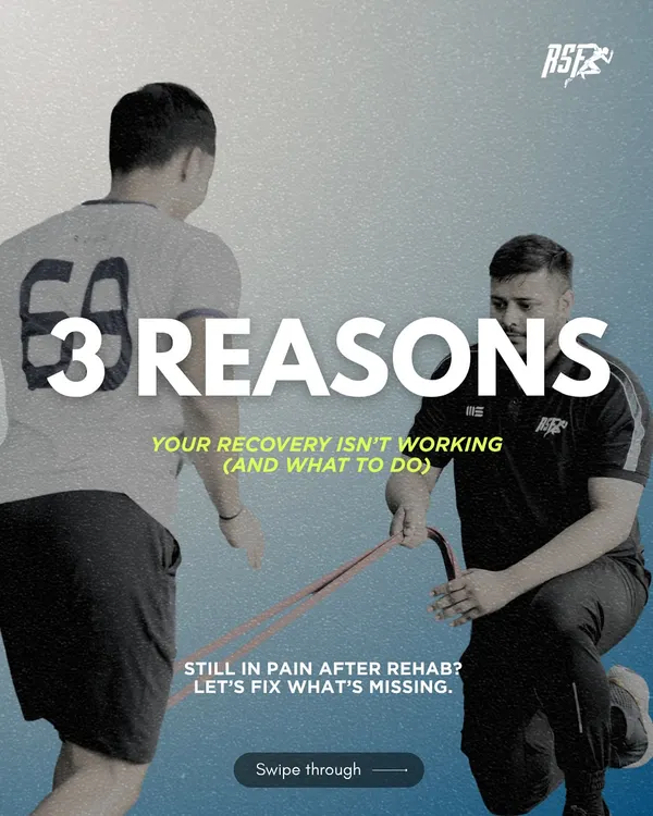 Still in pain after rehab? This graphic introduces the three most common reasons recovery stalls, such as skipping the strength phase or lacking a structured plan post-physio. I focus on fixing what's missing to ensure a complete recovery.