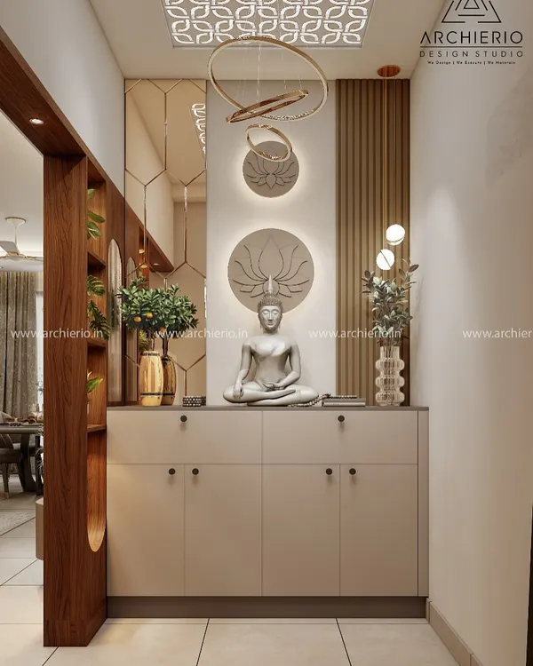 A serene and modern foyer unit designed to create a peaceful entrance. The design features a Buddha statue, elegant wall art, and integrated storage for a clutter-free look.