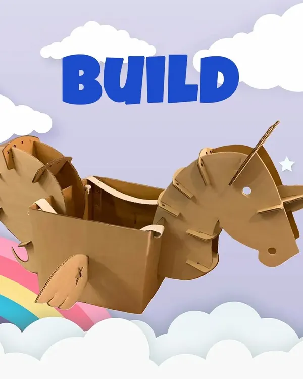 The 'Build' stage is where the magic begins. This image shows our cardboard unicorn kit, ready to be assembled. It's a hands-on activity that helps kids with fine motor skills and following instructions.