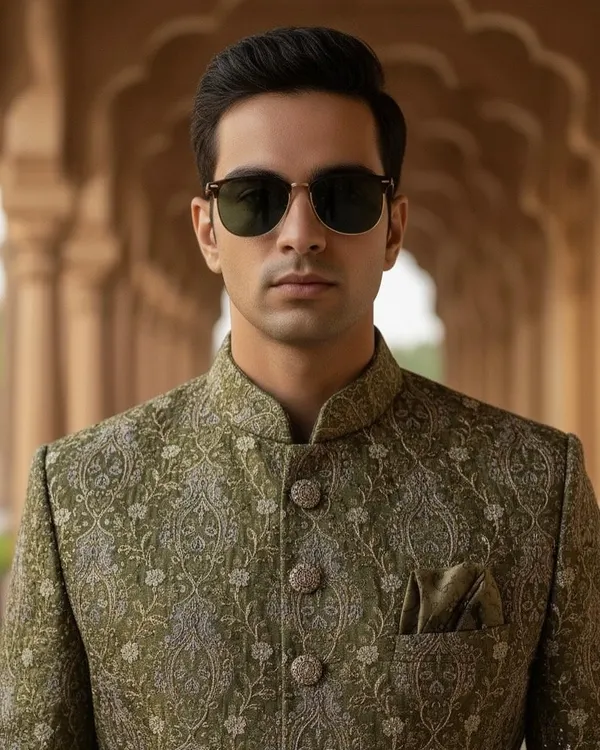 A cool and confident look for a Mehendi. This model wears an olive green sherwani with intricate silver and gold threadwork, paired with sunglasses for that perfect daytime swag.