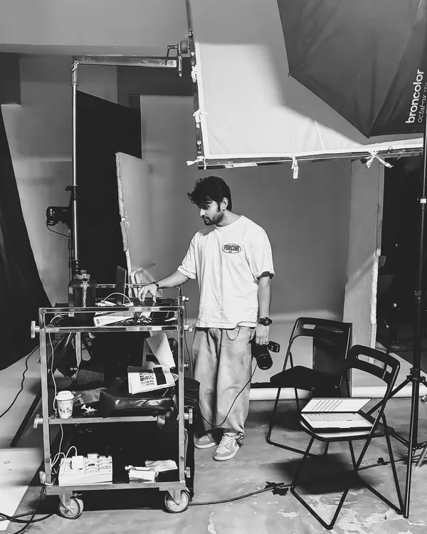 A look at my setup during a studio shoot. I’m tethered to the laptop, reviewing shots in real-time to ensure we capture the exact light, mood, and intention.