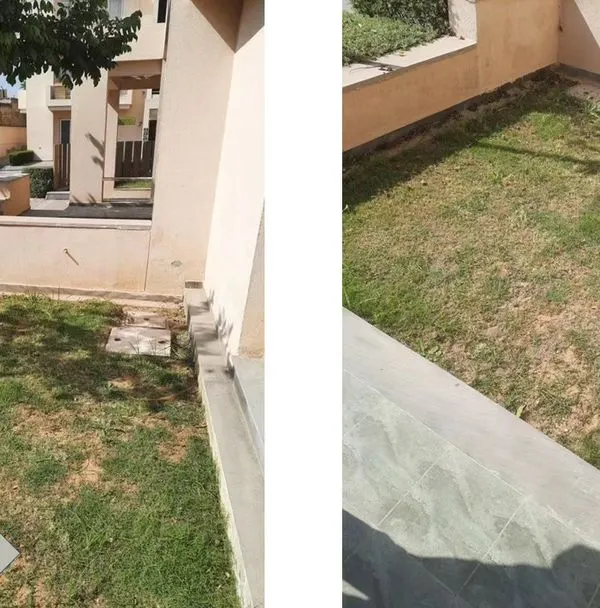 This image shows the existing area of a duplex villa's front lawn. It was a raw, underutilized patch of grass that we identified as having great potential for a complete transformation into an inviting outdoor space.