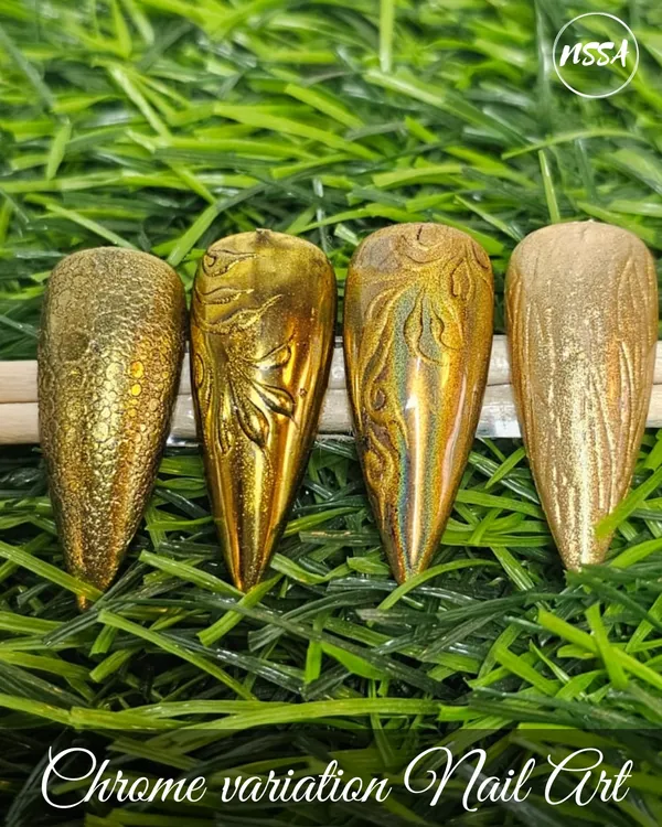 A sampler of chrome variation nail art. This shows how chrome powder can be used to create different textures and patterns, from a reptile-skin effect to embossed floral and abstract designs.