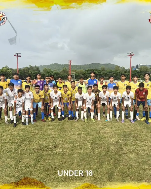 Our combined U15 and U16 squad lines up with the Reliance Foundation Young Champs (RFYC) U14 team for a friendly match.