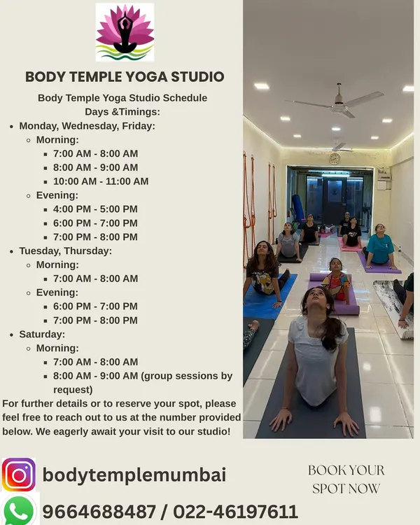 This is our complete studio schedule with timings for morning and evening batches throughout the week. You can book your spot by calling or messaging us at the numbers provided.