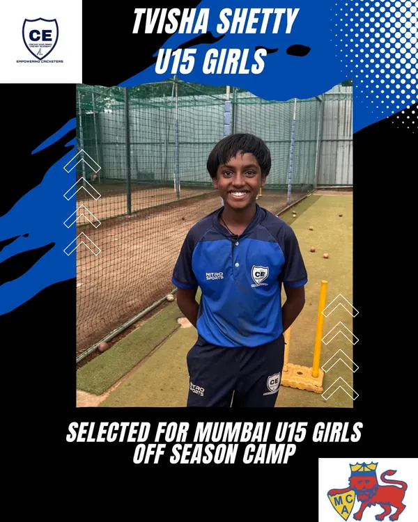 We celebrate every success. Congratulations to Tvisha Shetty on her selection for the Mumbai U15 Girls off-season camp. Her hard work and dedication are an inspiration to all the younger players at our academy.