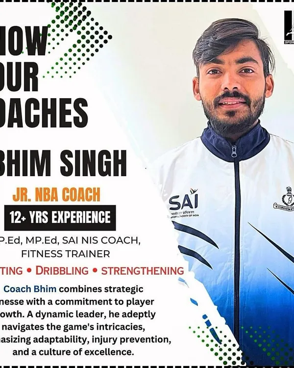 Meet Coach Bhim Singh, also known as Bhanu Sir. With over 12 years of experience and qualifications as a Jr. NBA and SAI NIS coach, he specializes in shooting, dribbling, and strengthening.