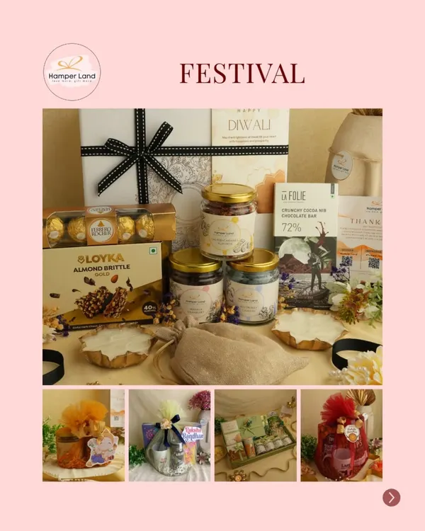 This is a classic festival hamper, perfect for Diwali. It's packed with Ferrero Rocher, almond brittle, artisanal chocolate, and assorted jars, all presented in an elegant box with a black ribbon.