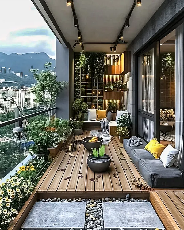We transformed this high-rise balcony into a stunning urban oasis with panoramic city views. The design features custom wooden decking, a comfortable low-profile sofa for lounging, and integrated track lighting that creates a warm ambiance for evening relaxation.