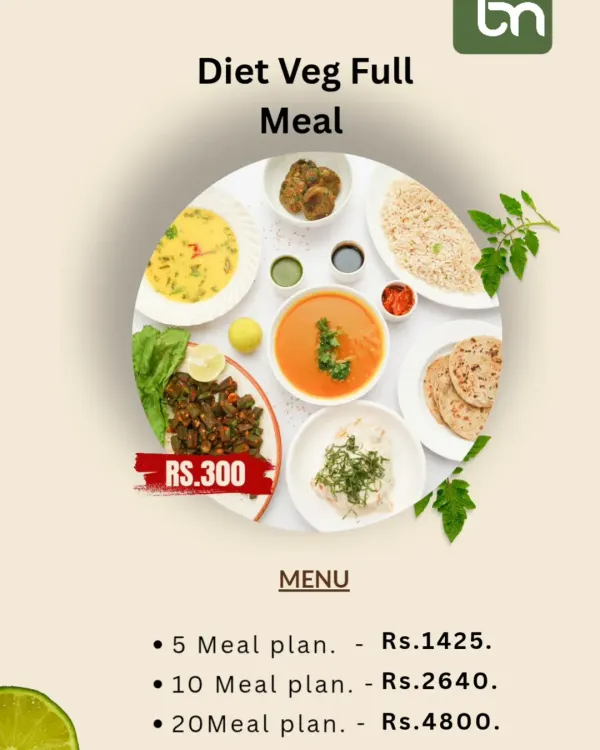 This is our menu for the Diet Veg Full Meal. It shows the price per meal and discounted rates for our 5, 10, and 20 meal subscription plans, making it easy for you to choose a plan that works for you.