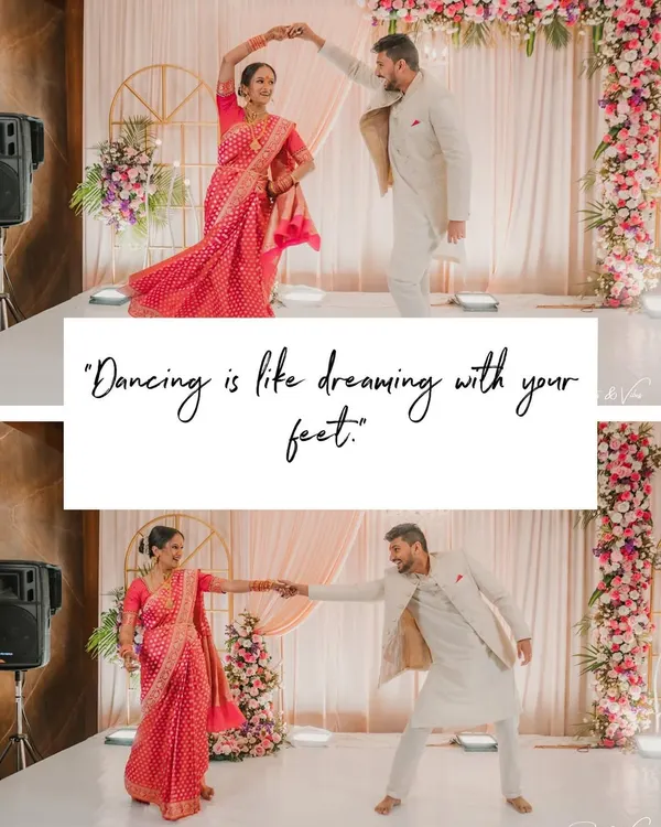 "Dancing is like dreaming with your feet." This collage captures the couple's graceful first dance at their engagement, a perfect start to their journey.