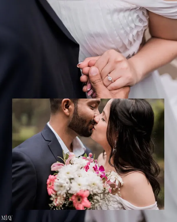 A beautiful collage capturing two intimate moments. The close up on the engagement ring and the tender kiss show the different facets of a post-proposal glow.