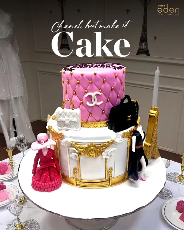 Chanel, but make it cake. This two-tier creation features the classic quilted pattern in pink, the iconic logo, and handcrafted sugar figurines, perfect for a high-fashion celebration in Paris.